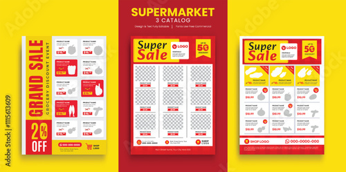 Supermarket product sale catalog and grocery sale flyer template set