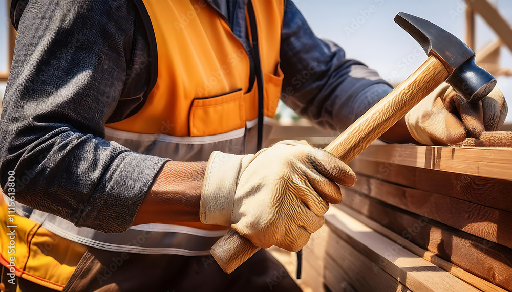 Fototapeta premium Close-Up of a Construction Worker Using a Hammer