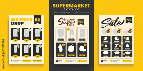 Supermarket product promotion flyer template. Supermarket flyer with discounts. 3d layout banner for supermarket product catalog