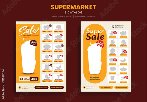 Supermarket product sale catalog and grocery sale flyer template set