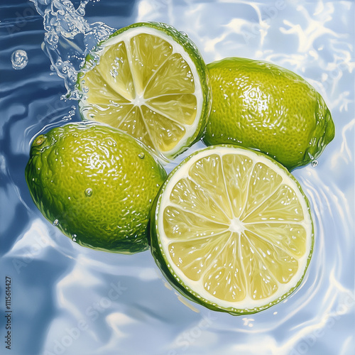 Illustration of the Fresh Limes Floating in Crystal Water. Juicy Lime Slices with Refreshing Splash. 