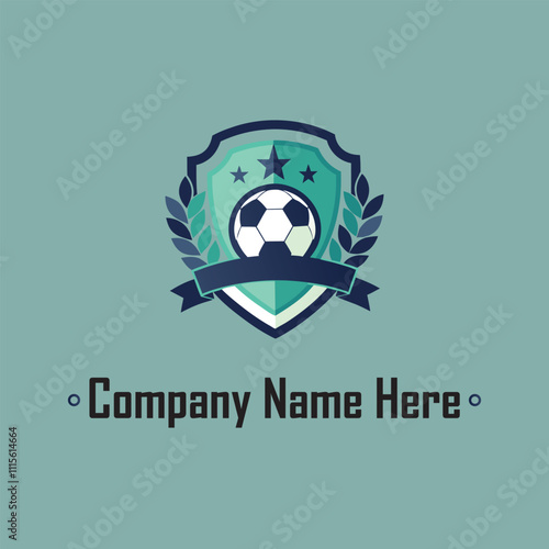 Shield soccer ball laurel stars ribbon dark blueteal minimalist