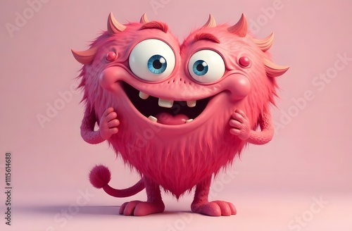 colorful character 3D cute happy monster heart shape, with sore eyes. perfect for valentine's day