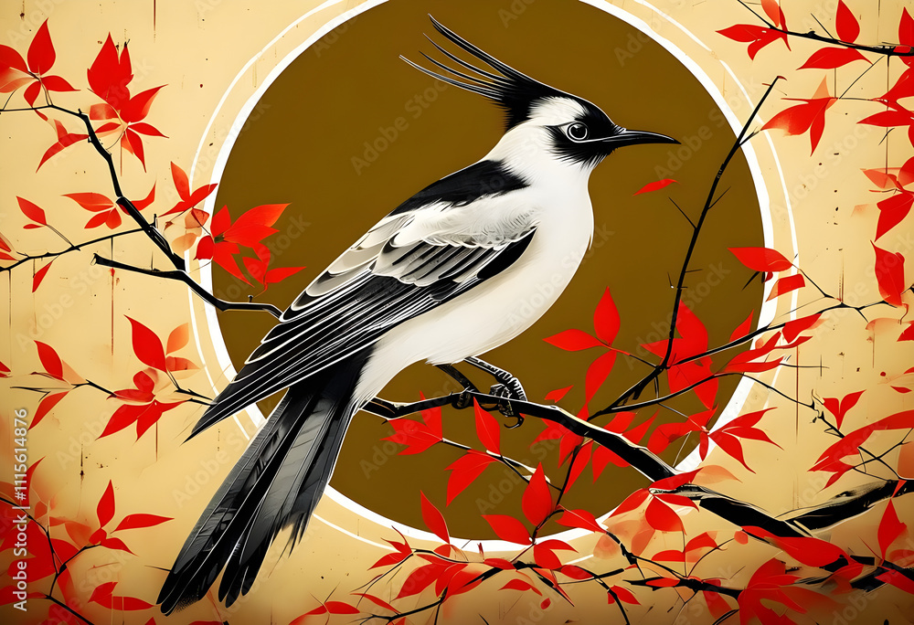 Fototapeta premium The image is a digital art piece that features a bird perched on a branch with red leaves. The overall style of the image is reminiscent of traditional Japanese art.