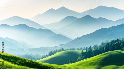 Layers of Green Hills and Mountains in Morning Light