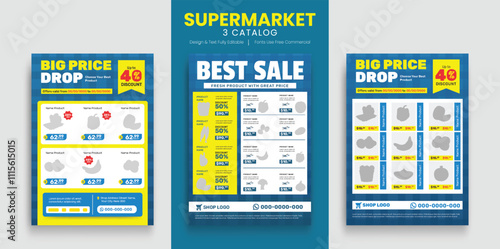 Supermarket product sale catalog and grocery sale flyer template set