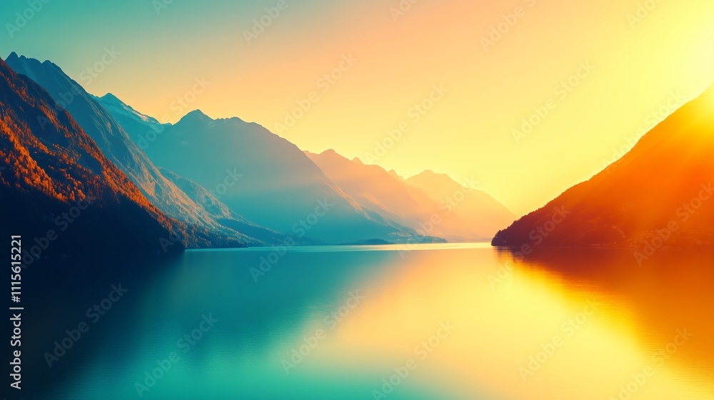 Fototapeta premium Golden Sunrise Over Lake and Mountain Valleys