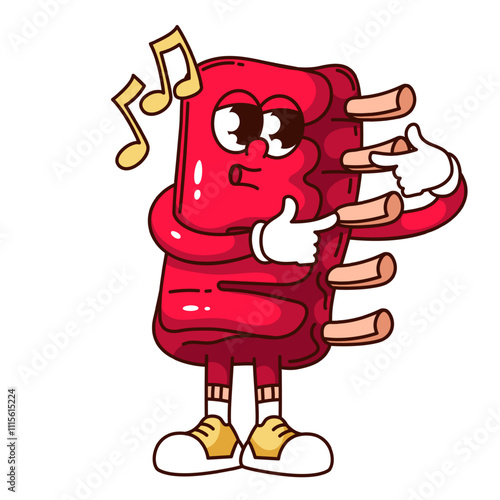 Groovy BBQ ribs cartoon character whistling tune. Retro barbecue meat with bone, funny face and music notes. Fun picnic mascot, cartoon roasted or smoked ribs sticker of 70s 80s vector illustration