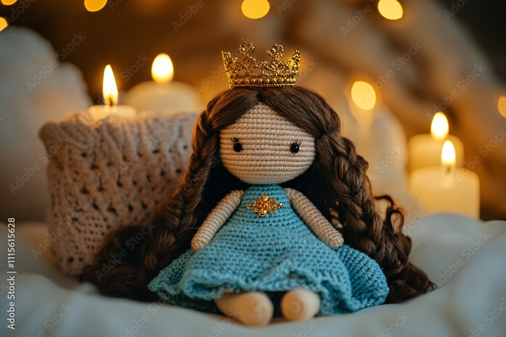 A whimsical crochet doll of a princess with a golden crown, blue dress, intricate details, placed on a royal cushion, soft candlelight ambiance 4 A whimsical crochet doll of a princess with a golden crown, blue dress, intricate details, placed on a royal cushion, soft candlelight ambiance 4