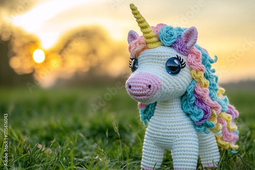 A vibrant crochet doll of a unicorn with rainbow mane, soft textures, standing on a grassy field, morning light, zoomed-in artistic angle 4 photo