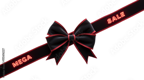 Black ribbon with bow and neon red lettering MEGA SALE, retail promotions, discounts, big sales. photo