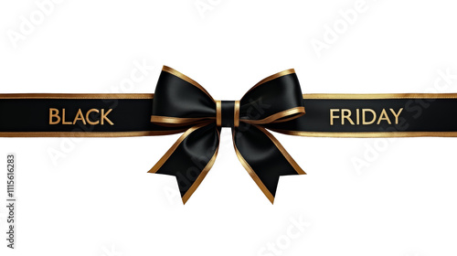 Black ribbon with bow and gold lettering BLACK FRIDAY, retail promotions, discounts, big sales.