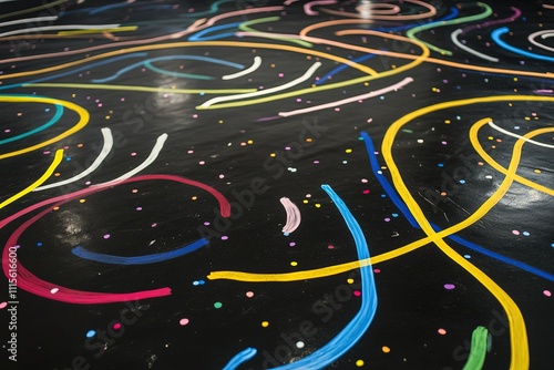 a black floor covered in colorful streamers and confetti photo