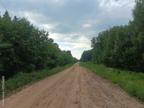 Road in forest in Siauliai county during cloud summer day. Oak and birch tree woodland. cloud day with white clouds in sky. Bushes are growing in woods. Sandy road. Nature. Summer season. Miskas. photo