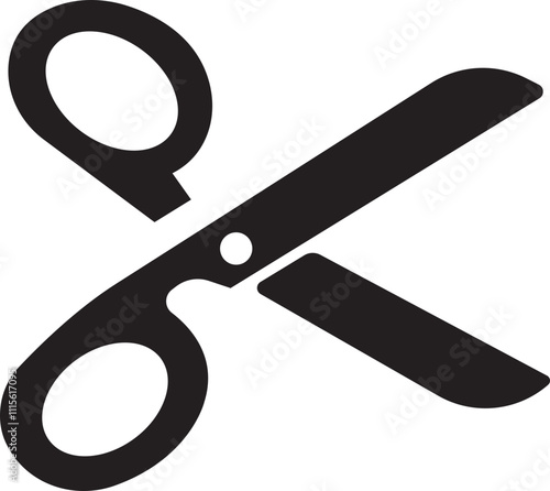 Scissor icon in black flat style. Simple silhouette of open scissor. Coupon mark and symbol for cropping, signifying voucher element. Barber sharp cut trim vector isolated on transparent background.