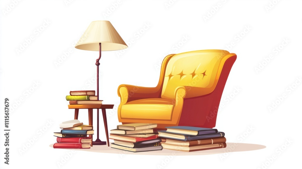 A cartoon-style armchair under a vintage-style lamp, with books piled on a small table, on a clean white backdrop