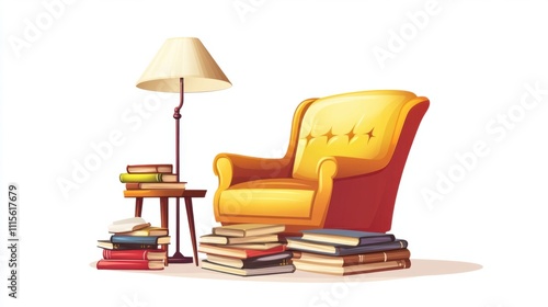 Obraz na płótnie A cartoon-style armchair under a vintage-style lamp, with books piled on a small table, on a clean white backdrop w salonie