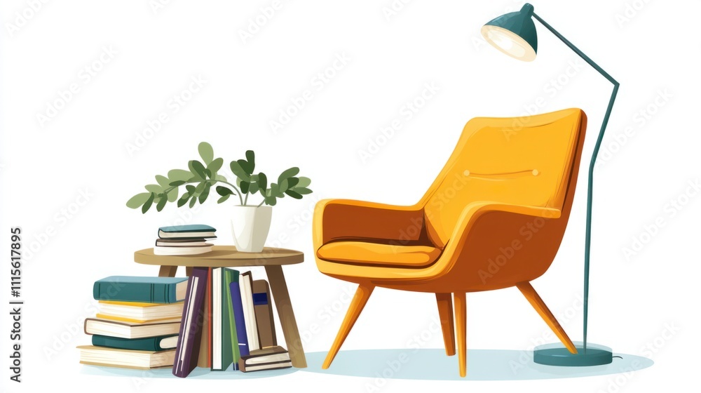 Fototapeta premium A simple clipart illustration of a chair, a side lamp, and books scattered on a small table, on white