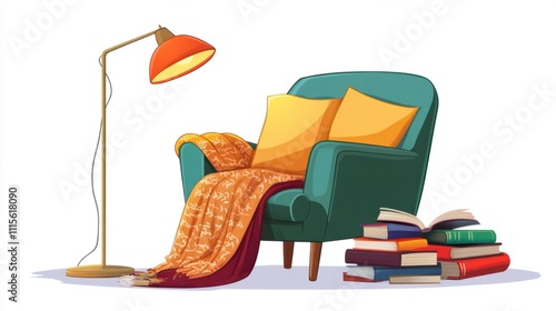 Cartoon-style reading chair clipart with a floor lamp and a cozy blanket, accompanied by a pile of books, on white