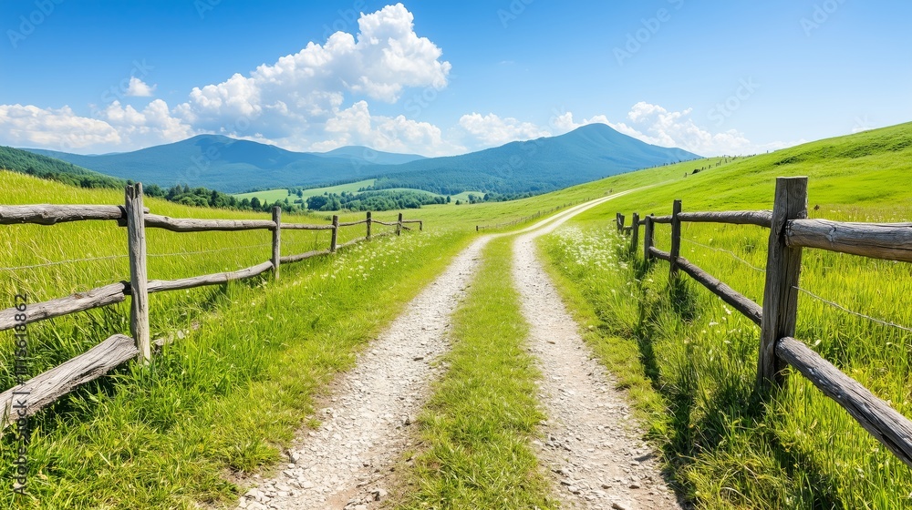 Fototapeta premium Dirt Path Through Green Pastures with Fence