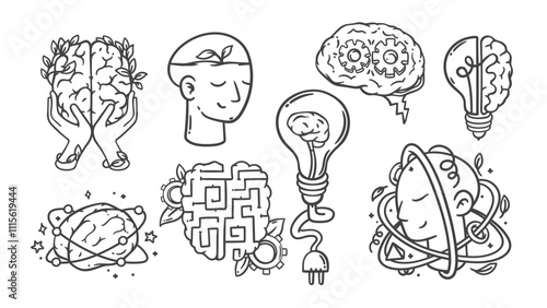 Human brain development and creative solution line icons set. Outline hand drawn head of scientist, light bulb and maze, gears inside brain. Open mind mascot, brain growth icon vector illustration