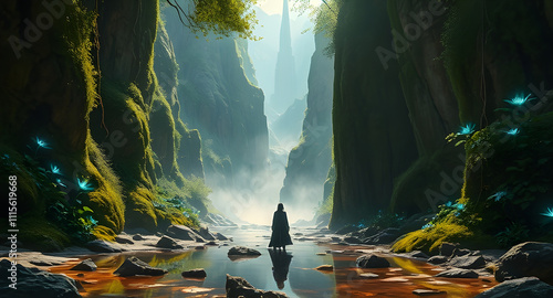 Epic High Fantasy Landscape with Towering Cliffs, Spire, and Mystical Figure
