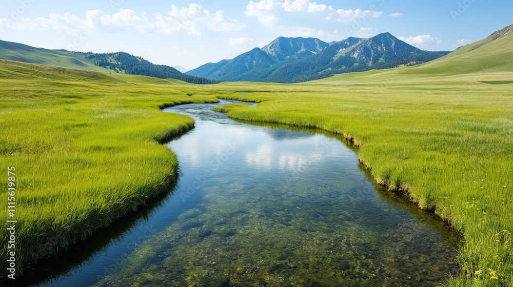 Clear Stream Flowing Through Open Green Field Clear Stream Flowing Through Open Green Field