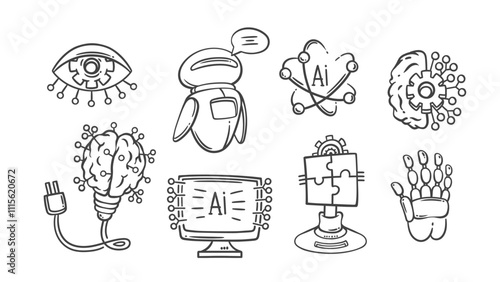 AI chat bot and digital brain solutions line icons set. Outline hand drawn eye and light bulb with circuit board, robot. Artificial intelligence mascots, AI icon collection vector illustration