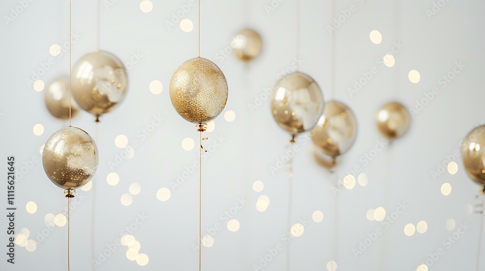 Fototapeta premium A minimalist design with a focus on floating gold balloons and golden confetti scattered on a clean white background with subtle bokeh lights