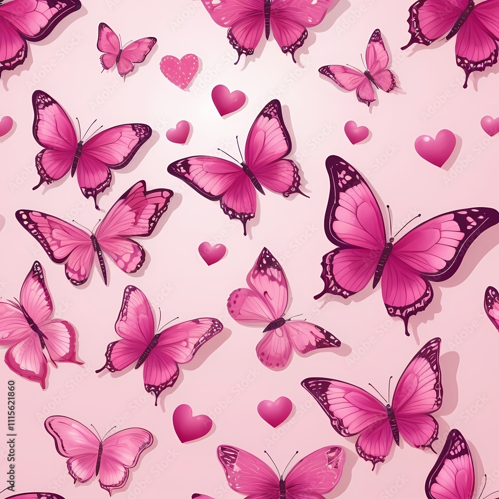 Fototapeta premium Seamless pattern with pink butterflies. Love, valentines day, hearts, spring, summer concept for print, textile, card.