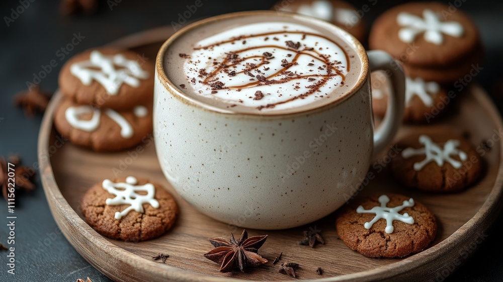 Winter Hot Cocoa with Decorative Cookies on Rustic Plate Winter Hot Cocoa with Decorative Cookies on Rustic Plate