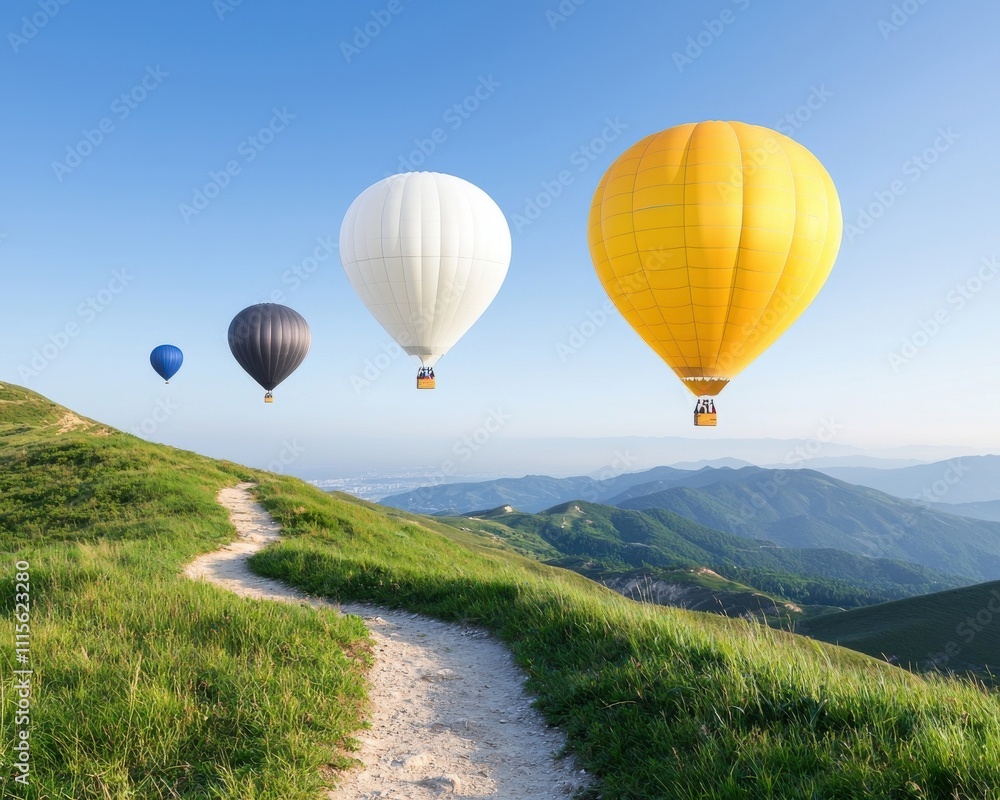 Fototapeta premium Colorful Hot Air Balloons Soaring Above Scenic Mountain Landscape
