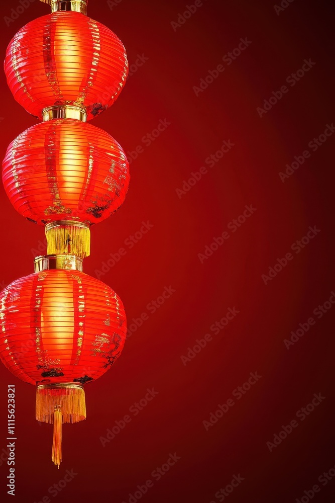 Fototapeta premium Vibrant Red Chinese Lanterns Against a Striking Crimson Background