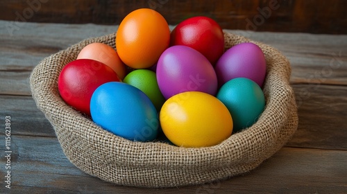 Wallpaper Mural easter colorful eggs painted in bright colors in burlap sack on brown wood on wooden background, spring holiday celebration. Torontodigital.ca