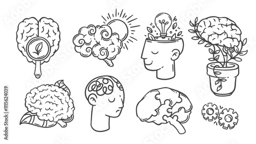 Human brain development, open mind for creative idea line icons set. Outline hand drawn light bulb and tangled thread in head, sun. mental health, growth mascot, icon collection vector illustration