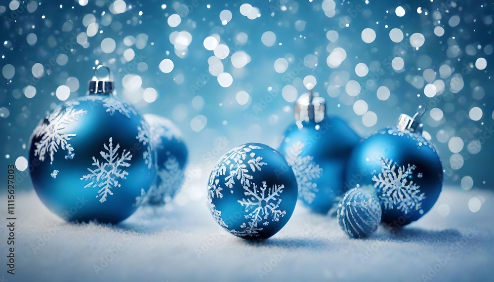 Blue christmas balls decorated with snowflakes falling on snow Blue christmas balls decorated with snowflakes falling on snow