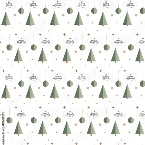 Christmas pattern background with green pine tree and ornament ball decoration, seamless vector design, for gift wrapping paper