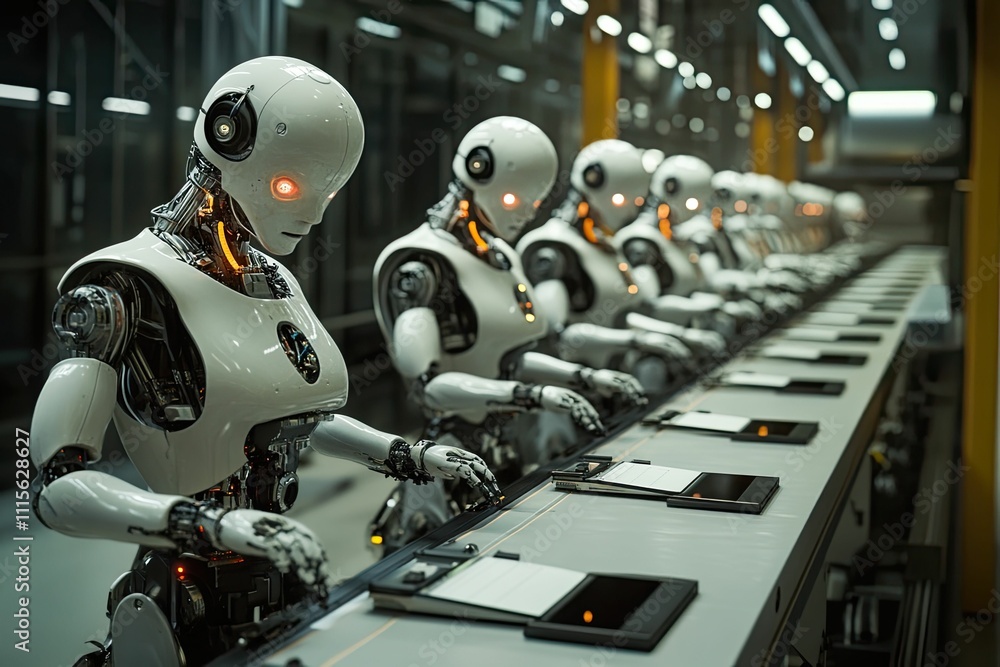 Fototapeta premium Robots working assembly line, futuristic factory.