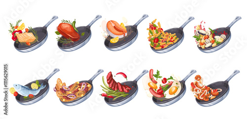 Pans with cartoon food ingredients flying in air set. Meat and fish, vegetables and pasta falling into pans to fry in oil. Cooking, recipe mascot, cartoon skillets of dishes vector illustration