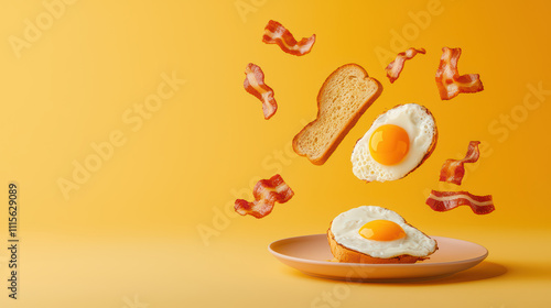 vibrant breakfast scene featuring sunny side up eggs, crispy bacon, and toast floating against bright yellow background