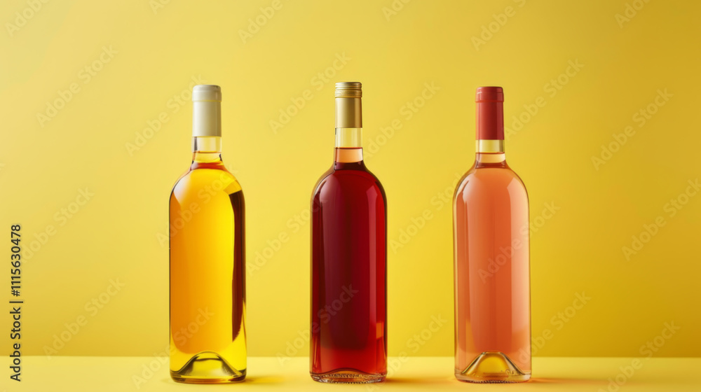 Trio of wine bottles on a bright yellow backdrop Trio of wine bottles on a bright yellow backdrop