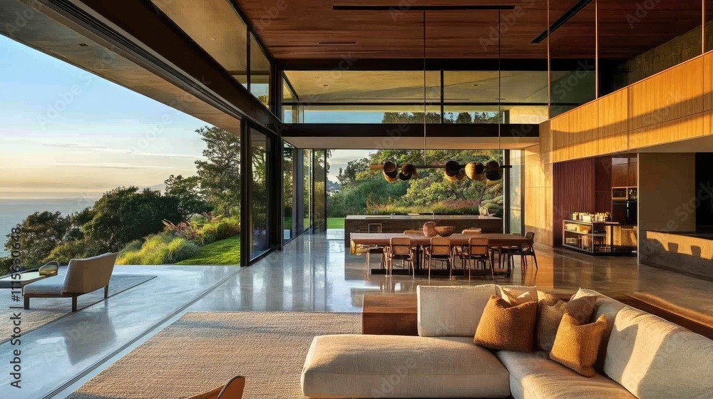 Fototapeta premium Luxurious modern home interior with ocean view, open floor plan, large windows, and comfortable furniture.