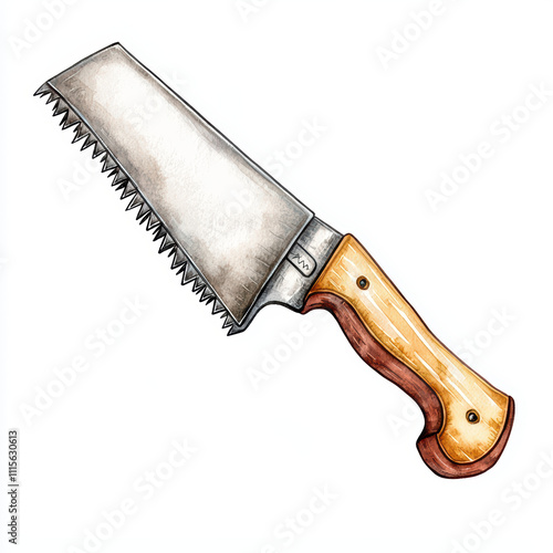 detailed watercolor of handsaw with wooden handle, showcasing its sharp te and craftsmanship