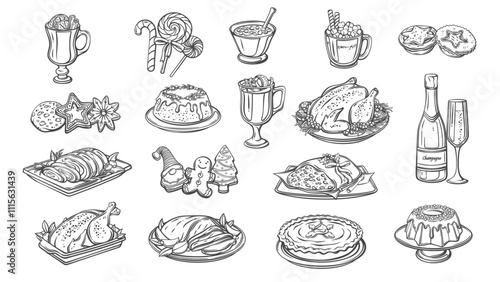 Christmas food and drink set outline vector illustration. Hand drawn meals and desserts cooking and eating on Christmas dinner, meat and chicken roast on plate with wine glass, cookies and candy, pie