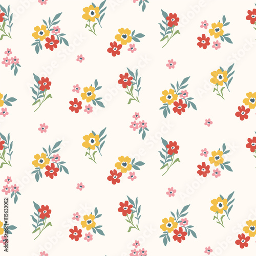 Seamless floral pattern, liberty ditsy print with mini summer bouquets. Cute botanical design: small colorful daisy flowers, tiny leaves, simple hand drawn plants. Vector illustration.
