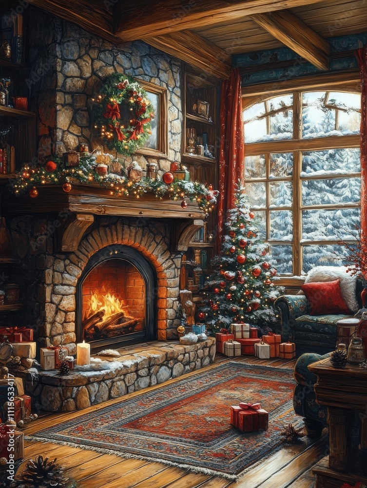 Obraz premium Cozy Christmas Living Room with Fireplace and Festive Decorations