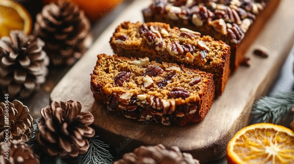 Close up of pumpkin nut bread slices served on a rustic cutting board, with decorative pinecones and dried oranges Close up of pumpkin nut bread slices served on a rustic cutting board, with decorative pinecones and dried oranges