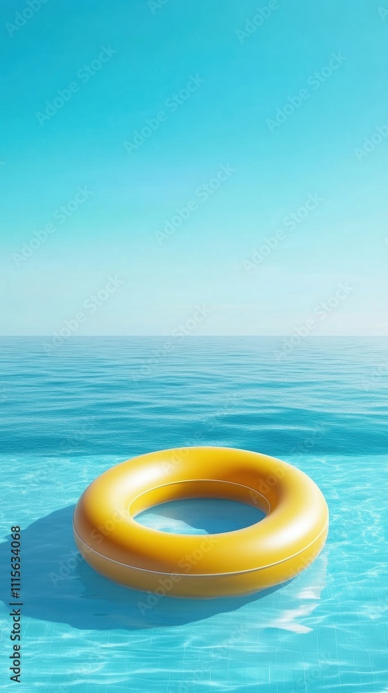Obraz premium Bright yellow float ring on tranquil turquoise sea under clear blue sky, AI