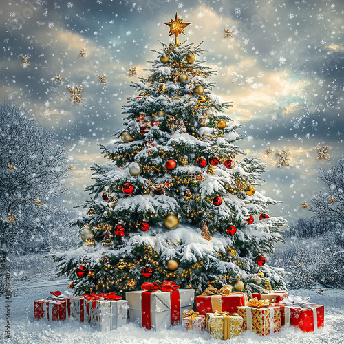 Golden and Red Decorated Christmas Tree in a Snowy Landscape (christmas-tree)