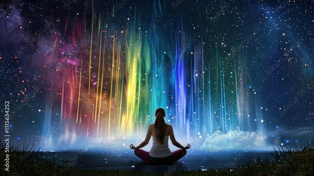 Obraz premium Woman Meditating with Celestial Lights